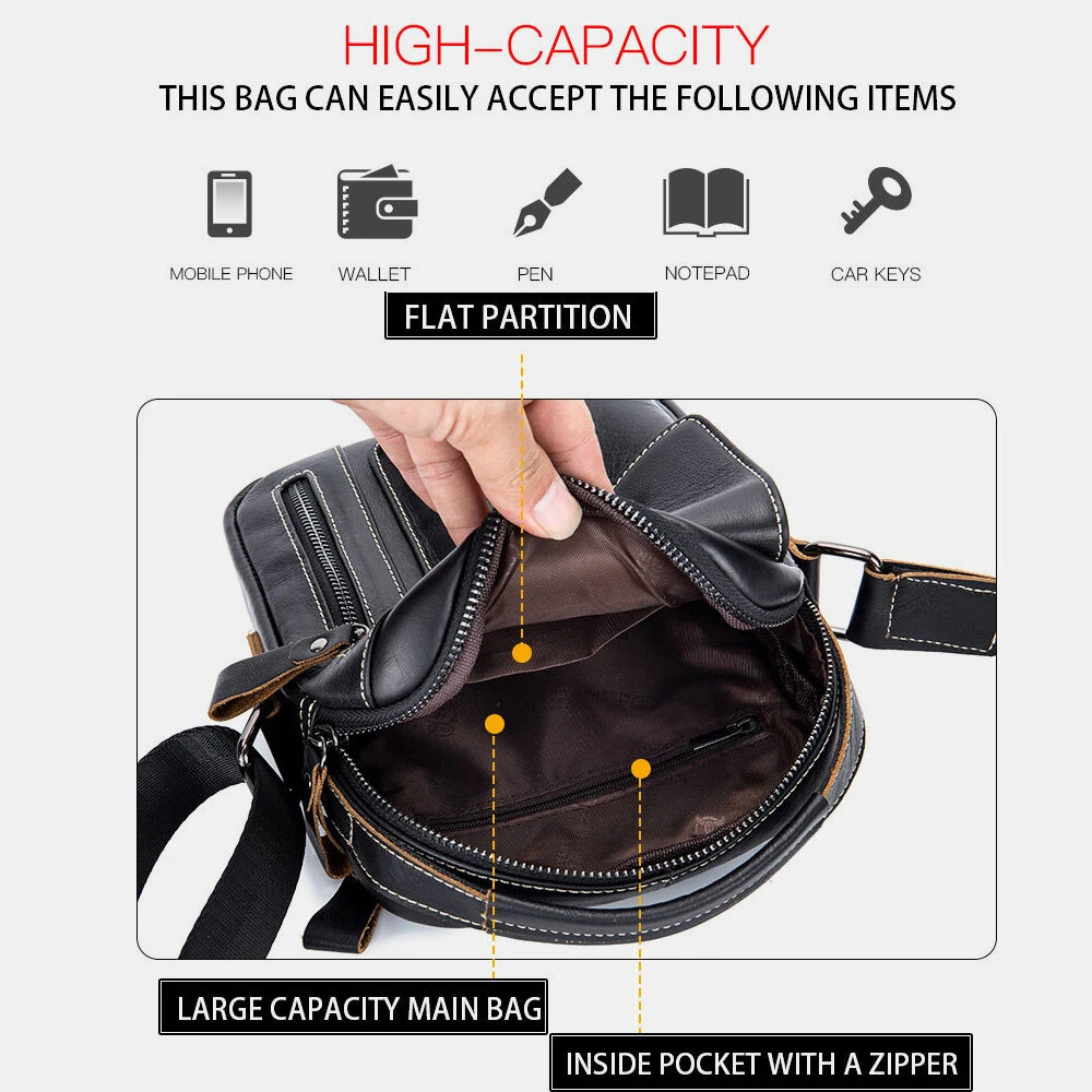 (image for) BULLCAPTAIN Genuine Leather Business Messenger Bag Retro Mini Vintage Shoulder Bag Crossbody Bag for Men Multi-functional Leather Mobile Phone Bags